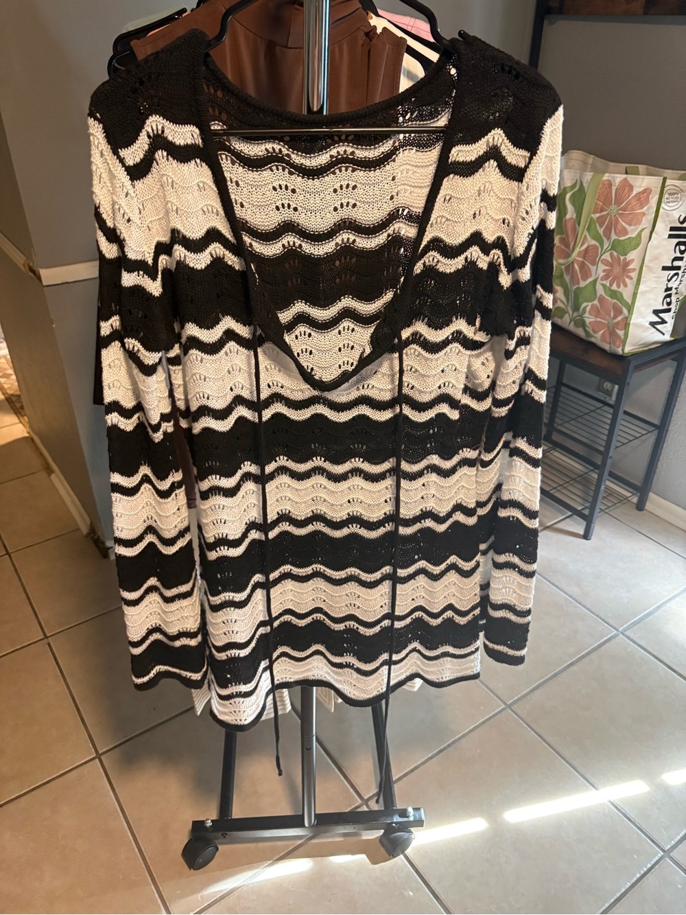 Aleeza Paris Black & White Striped Open Knit Hoodie